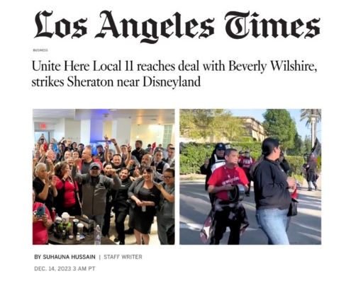 LA TIMES masthead above the headline "Unite Here Local 11 reaches deal with Beverly Wilshire, strikes Sheraton near Disneyland"