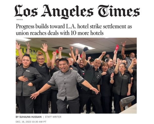 LA TIMES masthead with headline: "Progress builds toward L.A. hotel strike settlement as union reaches deals with 10 more hotels"