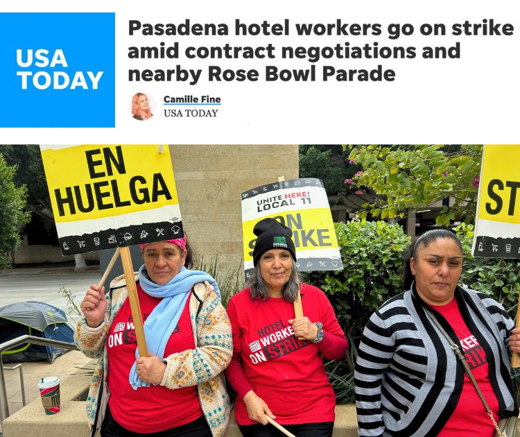 Masthead of USA Today with photo of three women in red shirts holding picket signs that say "On Strike" and "En Huelga" in black text on a yellow background