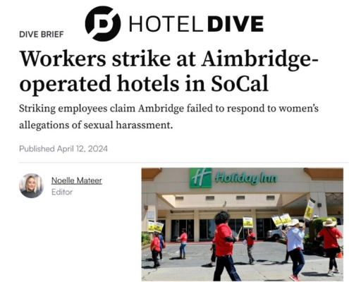 Masthead of Hotel Dive with a headline that reads "Workers strike at Aimbridge-operated hotels in SoCal"