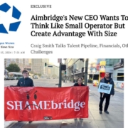 Photocollage of a headline from CoStar News and an image of two people holding a 6-foot-wide red banner that reads "Shamebridge"