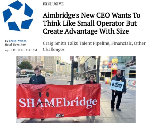 Photocollage of a headline from CoStar News and an image of two people holding a 6-foot-wide red banner that reads "Shamebridge"