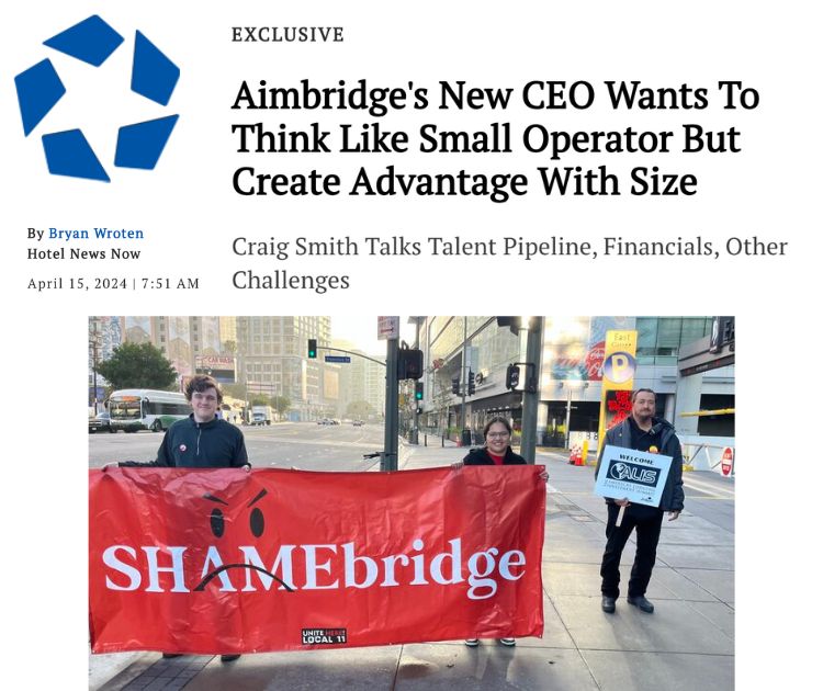 Photocollage of a headline from CoStar News and an image of two people holding a 6-foot-wide red banner that reads "Shamebridge"