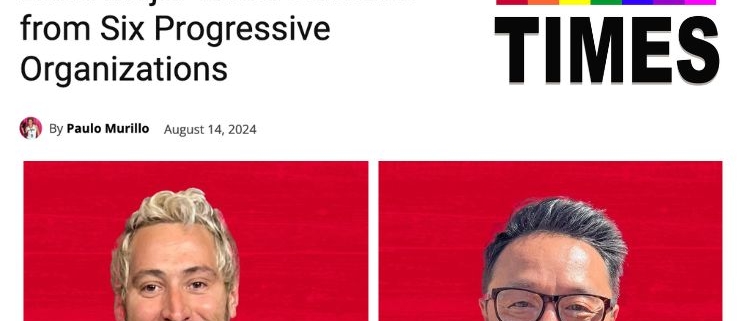WeHo Times masthead with headline "Mayor John Erickson and Commissioner Danny Hang Land Major Endorsements from Six Progressive Organizations" and portraits of John Erickson and Danny Hang on red backgrounds