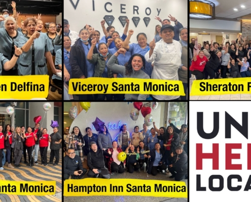 A collage of group photos showing hotel workers celebrating at the Le Meridien Delfina, the Viceroy, the Sheraton Four Points LAX, the Courtyard by Marriott Santa Monica and the Hampton Inn & Suites Santa Monica