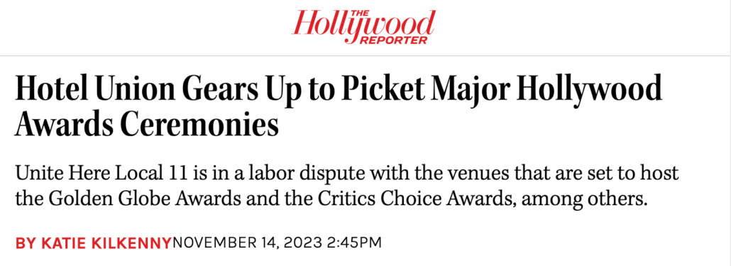 The Hollywood Reporter masthead with the headline "Hotel Union Gears Up to Picket Major Hollywood Awards Ceremonies"