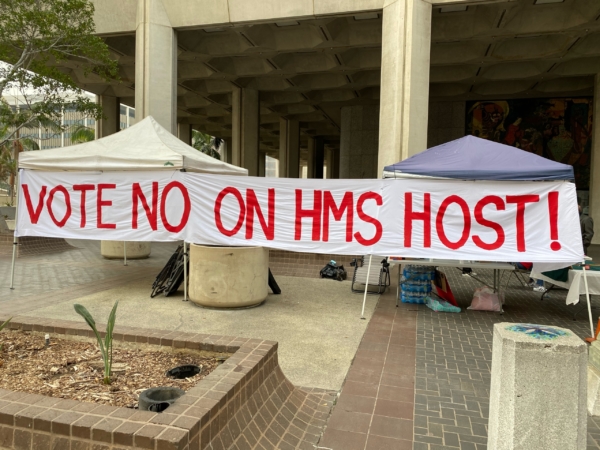 HMS Host workers install themselves outside Los Angeles City Hall