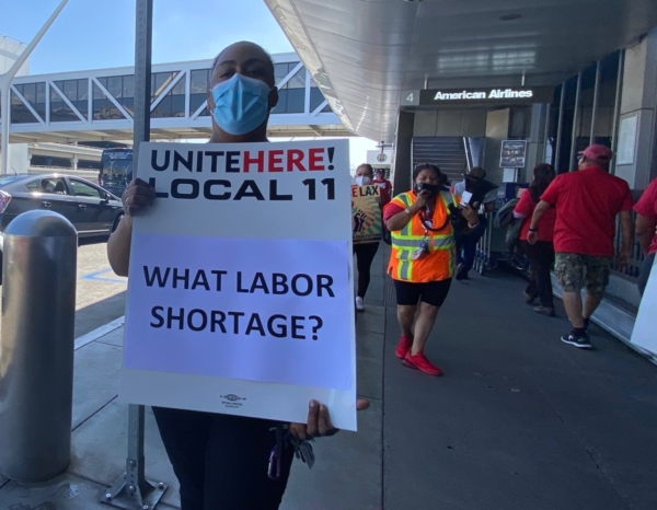 LAX airport workers protest claims of labor shortages while workers remain on layoff