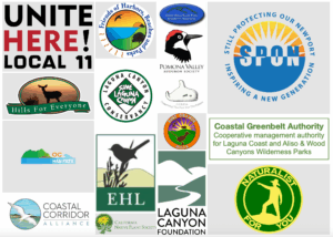 Partner logos for the Irvine Laguna Wildlife Corridor, including UNITE HERE Local 11