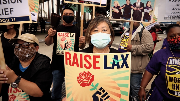 LAX workers protest airport expansion outside LAWA board Oct 7, 2021