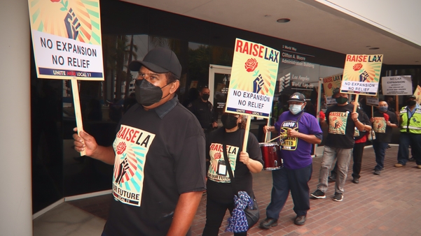 LAX workers protest airport expansion outside LAWA board Oct 7, 2021