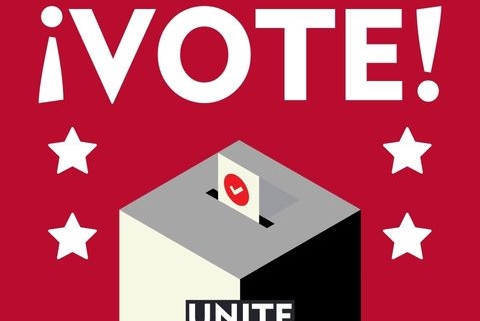 The word "vote" above a ballot box on a red background with the UNITE HERE Local 11 logo at the bottom