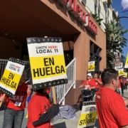Outside a brown hotel building, workers with red t-shirts and drums picket with signs reading "UNITE HERE Local 11 ON STRIKE" and "UNITE HERE Local 11 EN HUELGA"