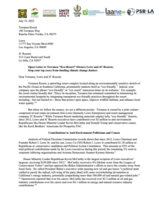 Open Letter to Terranea “Eco-Resort” Owners Lowe and JC Resorts: Stop your top execs from funding climate change deniers