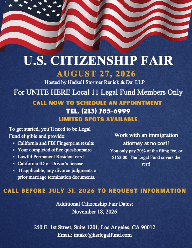 Flier with details for a citizenship fair organized by the UNITE HERE Local 11 Legal Fund