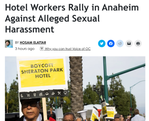 Masthead for the Voice of OC 2024-03-14 with the headline "Hotel Workers Rally in Anaheim Against Alleged Sexual Harassment"