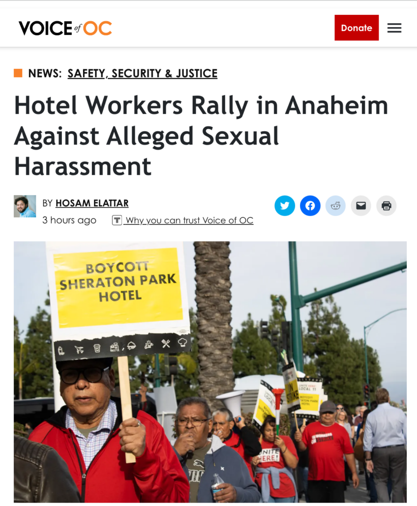 Masthead for the Voice of OC 2024-03-14 with the headline "Hotel Workers Rally in Anaheim Against Alleged Sexual Harassment"