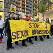 Hotel workers protest sexual harassment complaints outside the Aimbridge-operated Sheraton Park hotel in Anaheim 2024-03-13