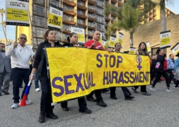 Hotel workers protest sexual harassment complaints outside the Aimbridge-operated Sheraton Park hotel in Anaheim 2024-03-13