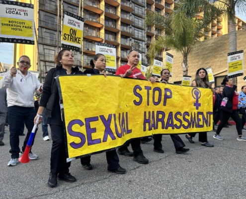 Hotel workers protest sexual harassment complaints outside the Aimbridge-operated Sheraton Park hotel in Anaheim 2024-03-13