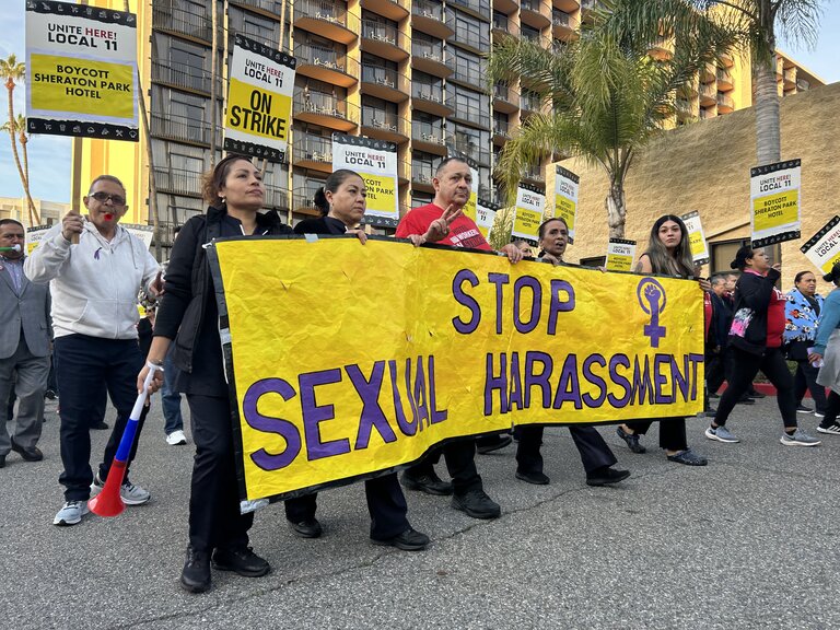 Hotel workers protest sexual harassment complaints outside the Aimbridge-operated Sheraton Park hotel in Anaheim 2024-03-13