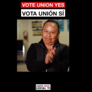 Thelma Urbina, housekeeper at the Jamaica Bay Inn, urges her coworkers to vote UNION YES