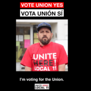 Victor Manuel, cook at the Jamaica Bay Inn, encourages his coworkers to join him and vote UNION YES