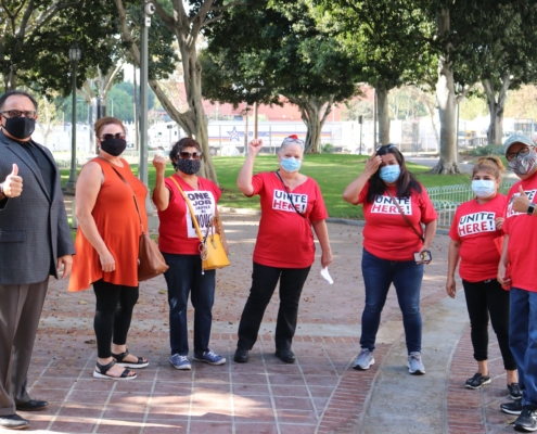 HMS Host LAX workers and Ron Herrera outside Los Angeles City Hall