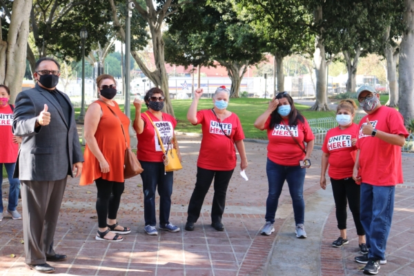 HMS Host LAX workers and Ron Herrera outside Los Angeles City Hall