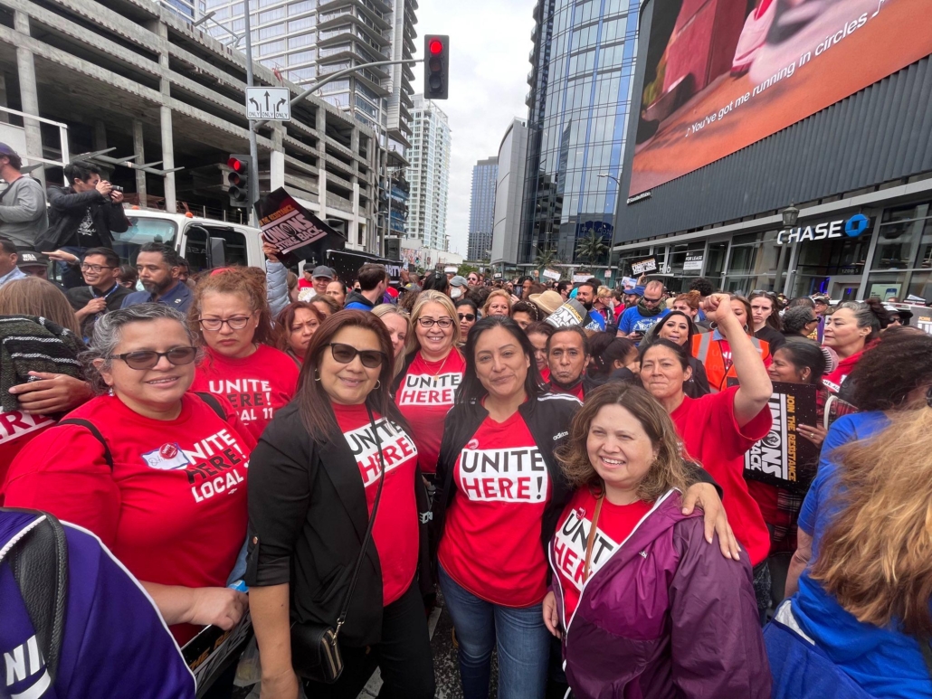 Hospitality workers rally in downtown Los Angeles