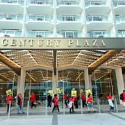 Hotel workers on strike picket in front of the Hyatt Century Plaza hotel
